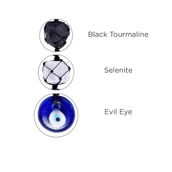 evil eye hanging, black tourmaline and selenite crystal hanging, energy healing & protection, manifestation, and psychic reading, reiki healing evil eye hanging for car and home