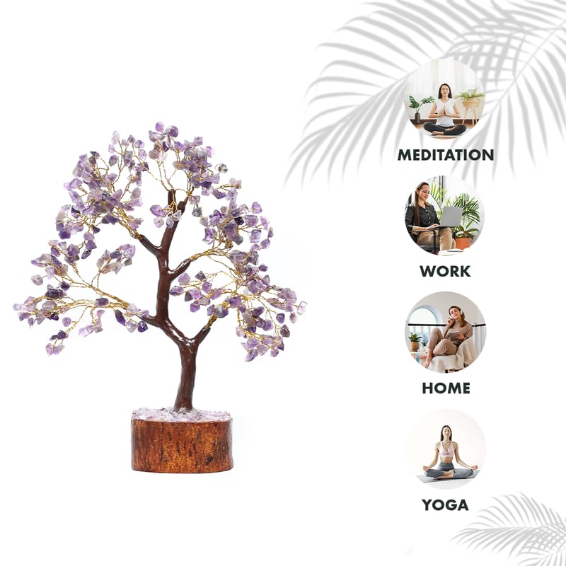 amethyst silver wire tree with mseal 300 beads, healing crystal tree for stress relief, calmness & spiritual clarity | handcrafted gemstone tree dcor for energy healing