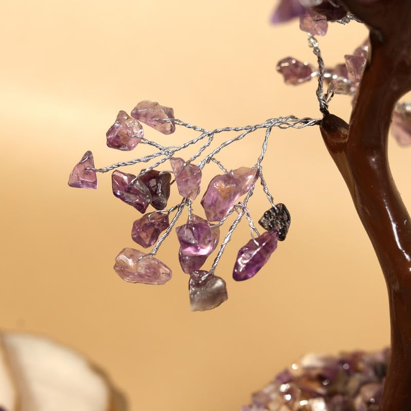 amethyst silver wire tree with mseal 300 beads, healing crystal tree for stress relief, calmness & spiritual clarity | handcrafted gemstone tree dcor for energy healing