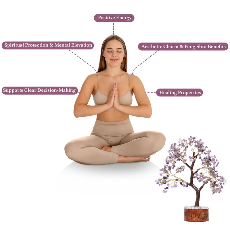 amethyst silver wire tree with mseal 300 beads, healing crystal tree for stress relief, calmness & spiritual clarity | handcrafted gemstone tree dcor for energy healing
