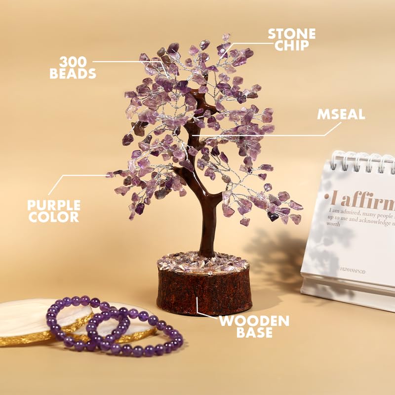 amethyst silver wire tree with mseal 300 beads, healing crystal tree for stress relief, calmness & spiritual clarity | handcrafted gemstone tree dcor for energy healing