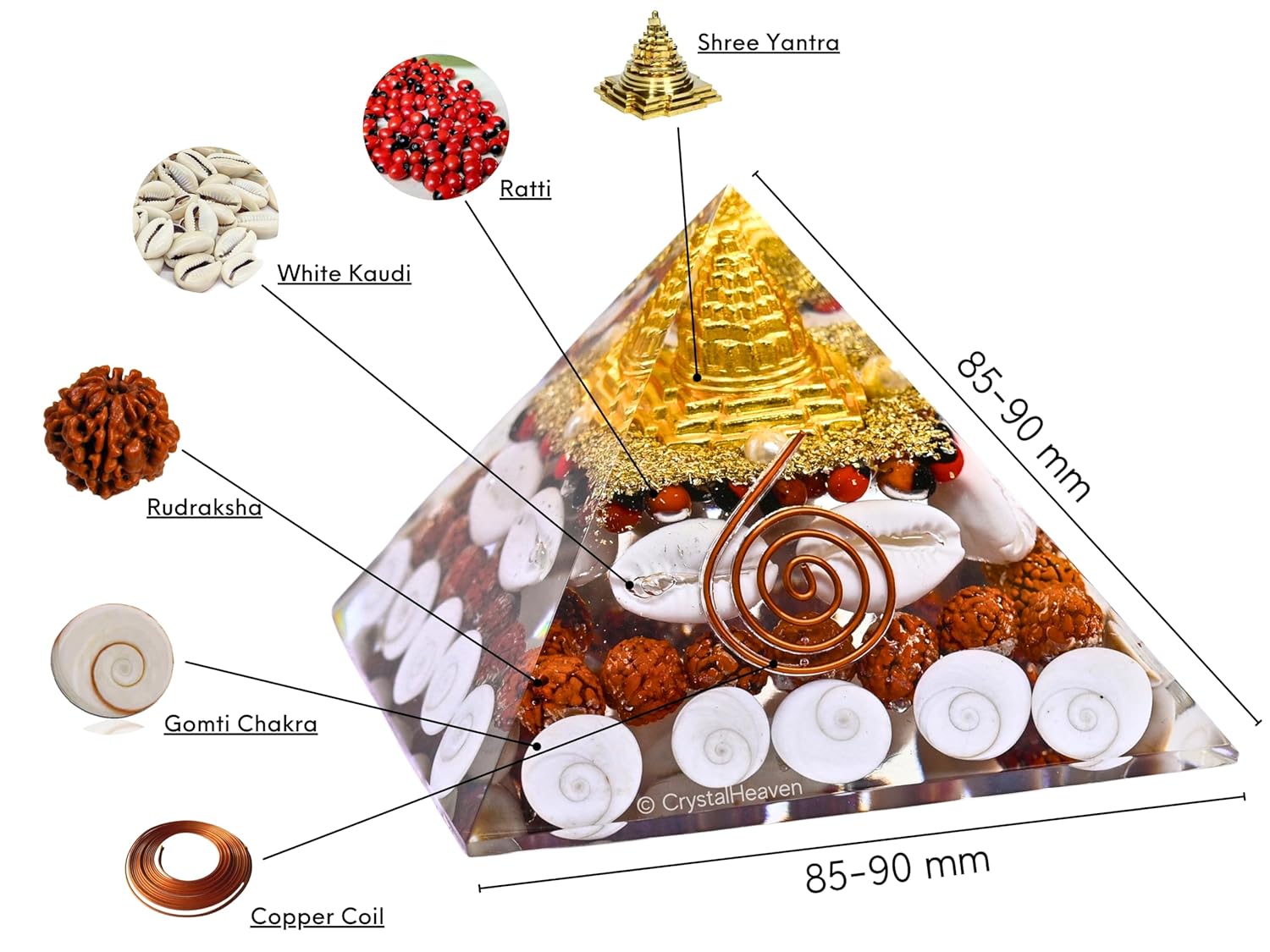 laxmi pyramid original certified gomati chakra, rudraksha, cowrie kodi maha laxmi pyramid 90 mm large orgonite pyramid with shree yantra vastu items for good luck, money & wealth