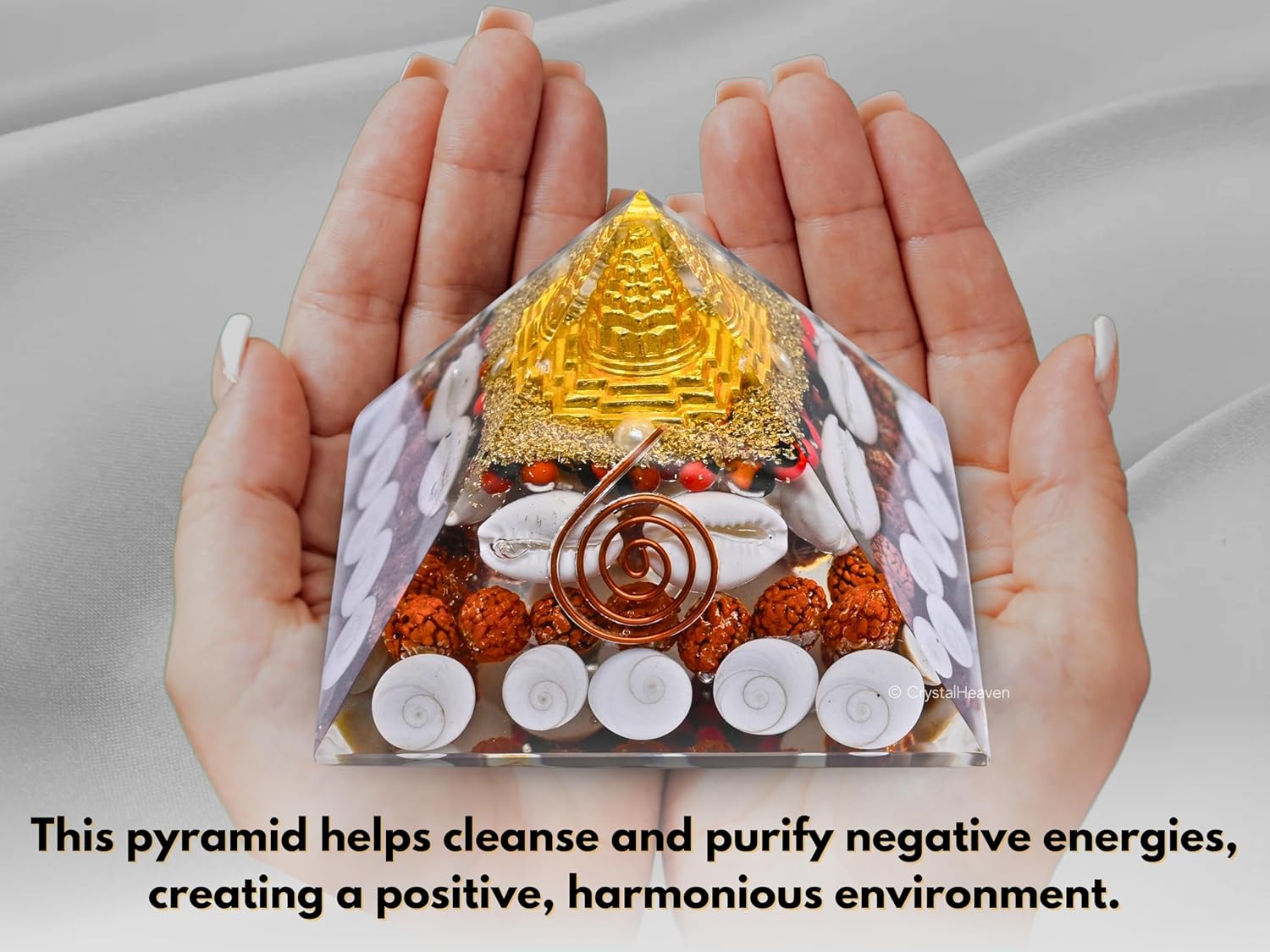 laxmi pyramid original certified gomati chakra, rudraksha, cowrie kodi maha laxmi pyramid 90 mm large orgonite pyramid with shree yantra vastu items for good luck, money & wealth