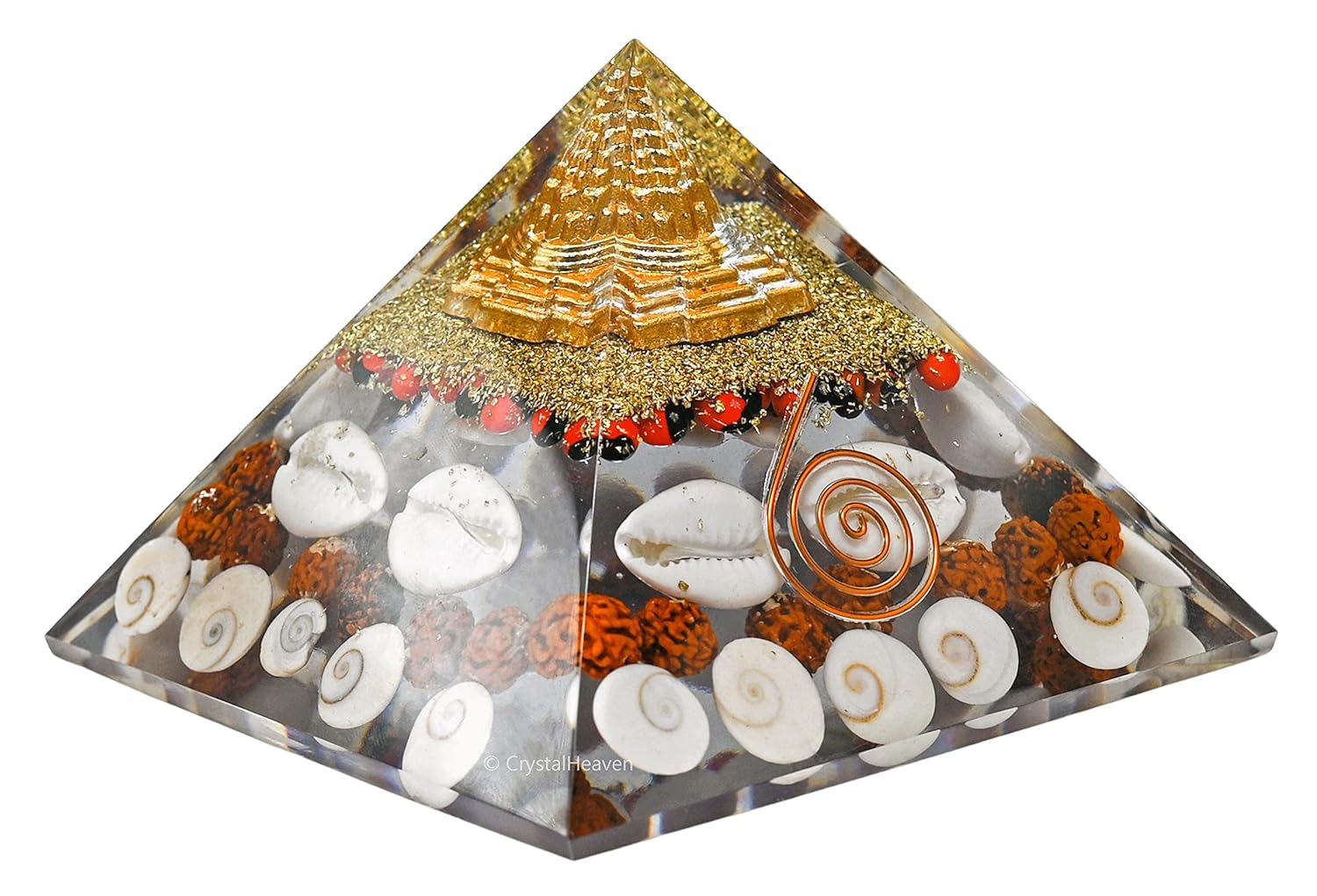 laxmi pyramid original certified gomati chakra, rudraksha, cowrie kodi maha laxmi pyramid 90 mm large orgonite pyramid with shree yantra vastu items for good luck, money & wealth