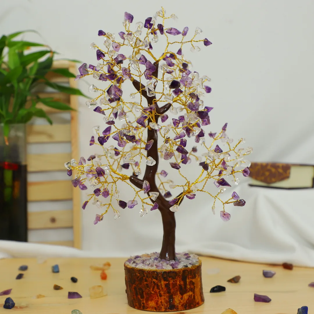 amethyst silver wire tree with mseal 300 beads, healing crystal tree for stress relief, calmness & spiritual clarity | handcrafted gemstone tree dcor for energy healing