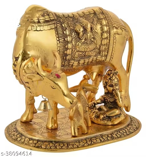 laxmi marble & granite kamdhenu cow with calf & krishna brass god figure showpiece decor (medium regular quality)