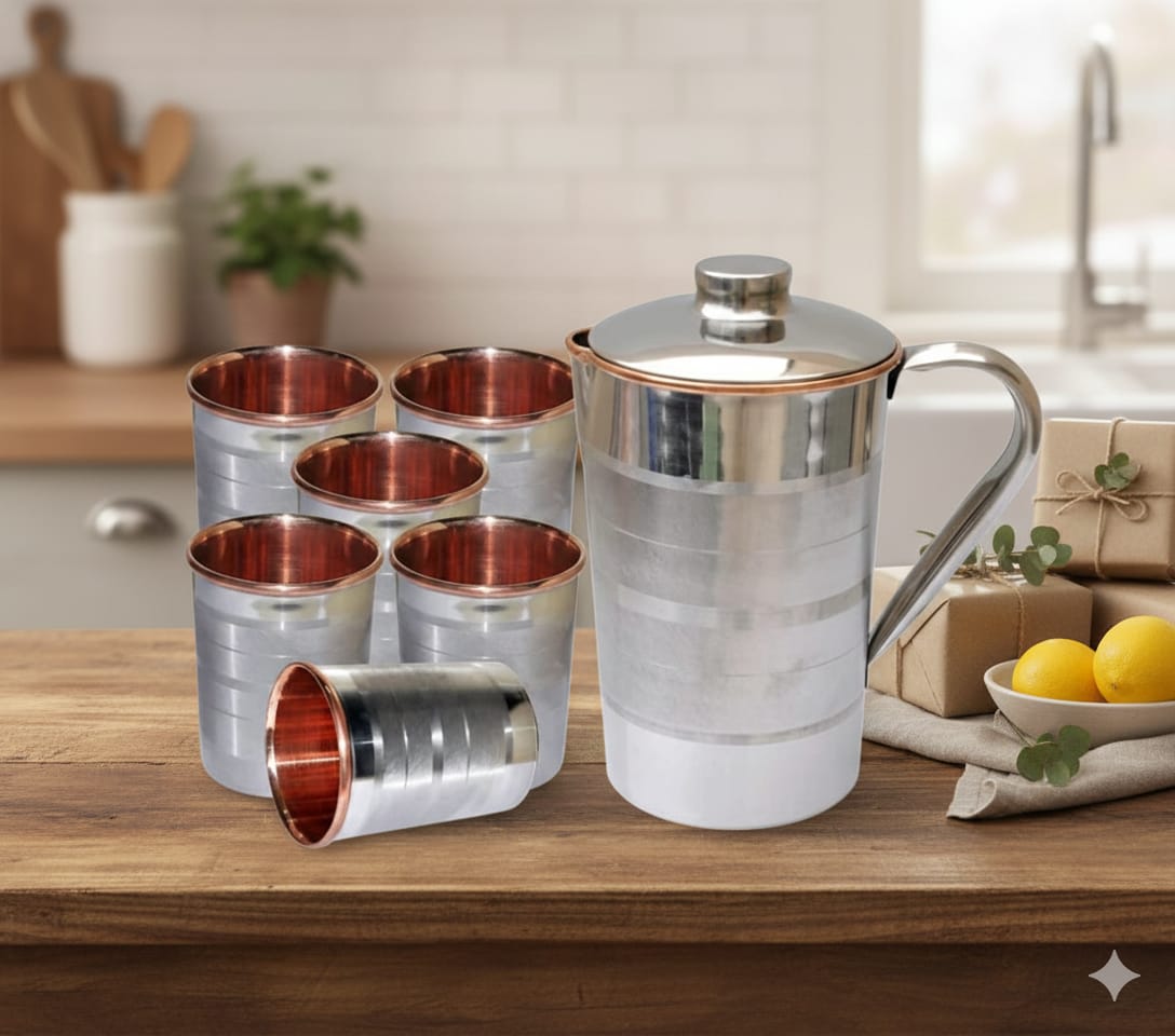 pure copper water jar with glass (vastu wellness set)