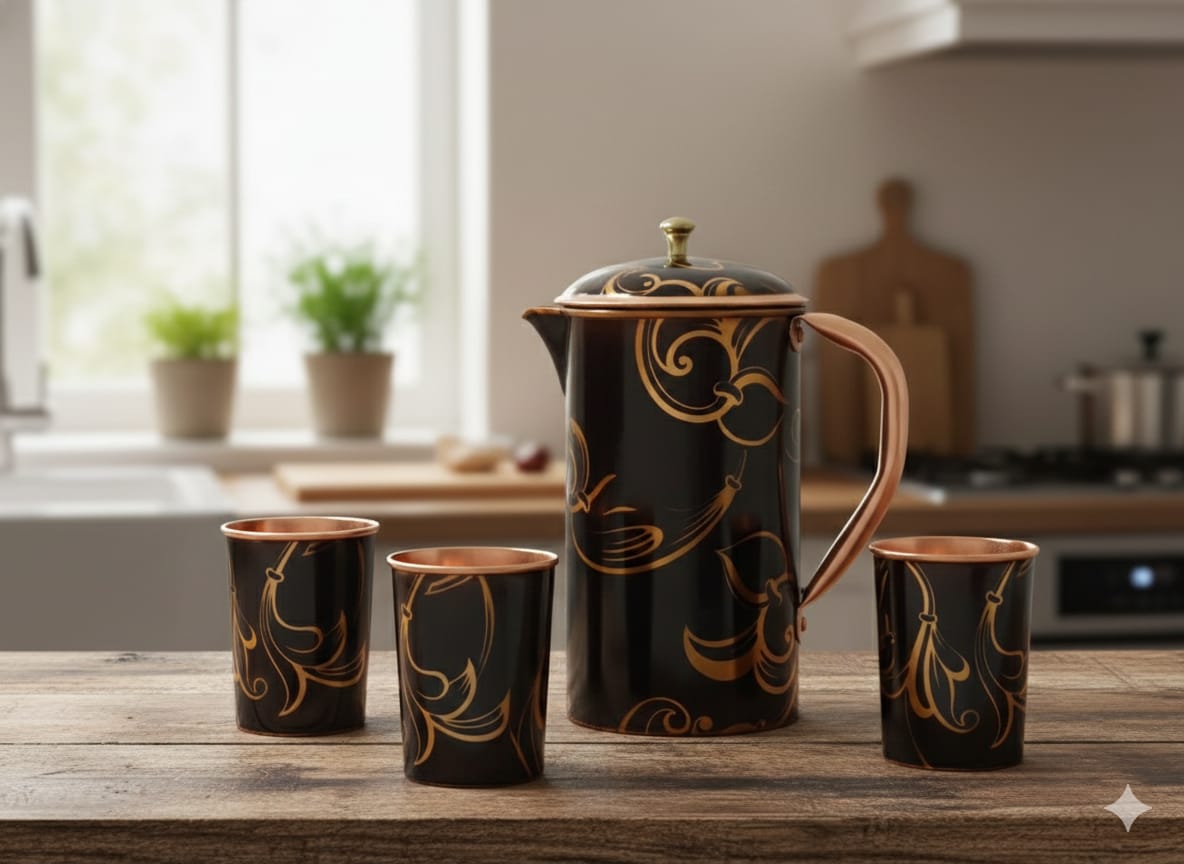 pure copper water jar with glass (vastu wellness set)
