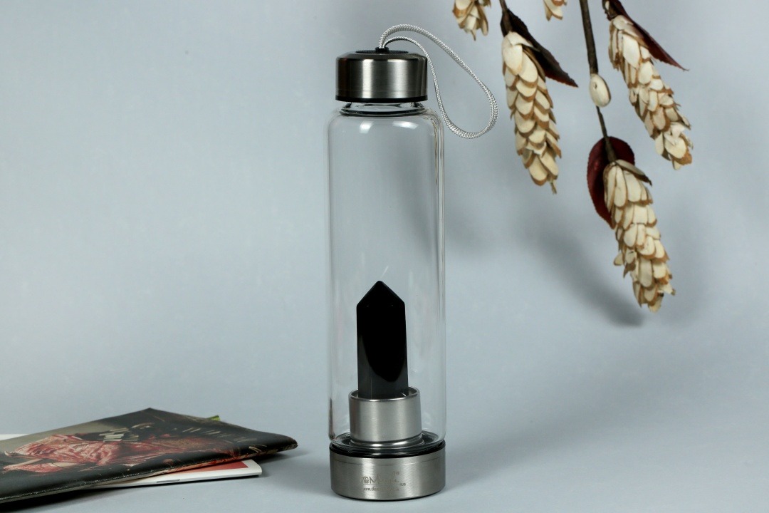 black tourmaline crystal glass water bottle | protection • grounding • energy cleansing