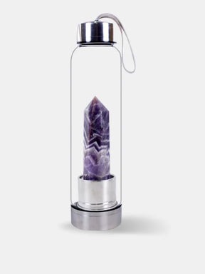 amethyst crystal glass water bottle | natural healing crystal infused bottle | positive energy & stress relief bottle (leak proof, reusable)